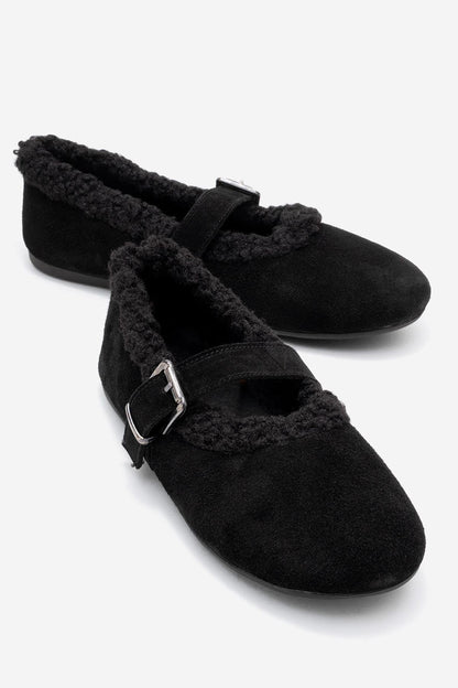 Guin - Sandalias planas de piel de ante negro (Mujer)