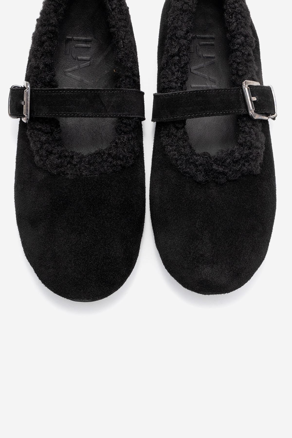 Guin - Sandalias planas de piel de ante negro (Mujer)