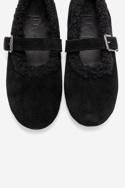 Guin - Sandalias planas de piel de ante negro (Mujer)