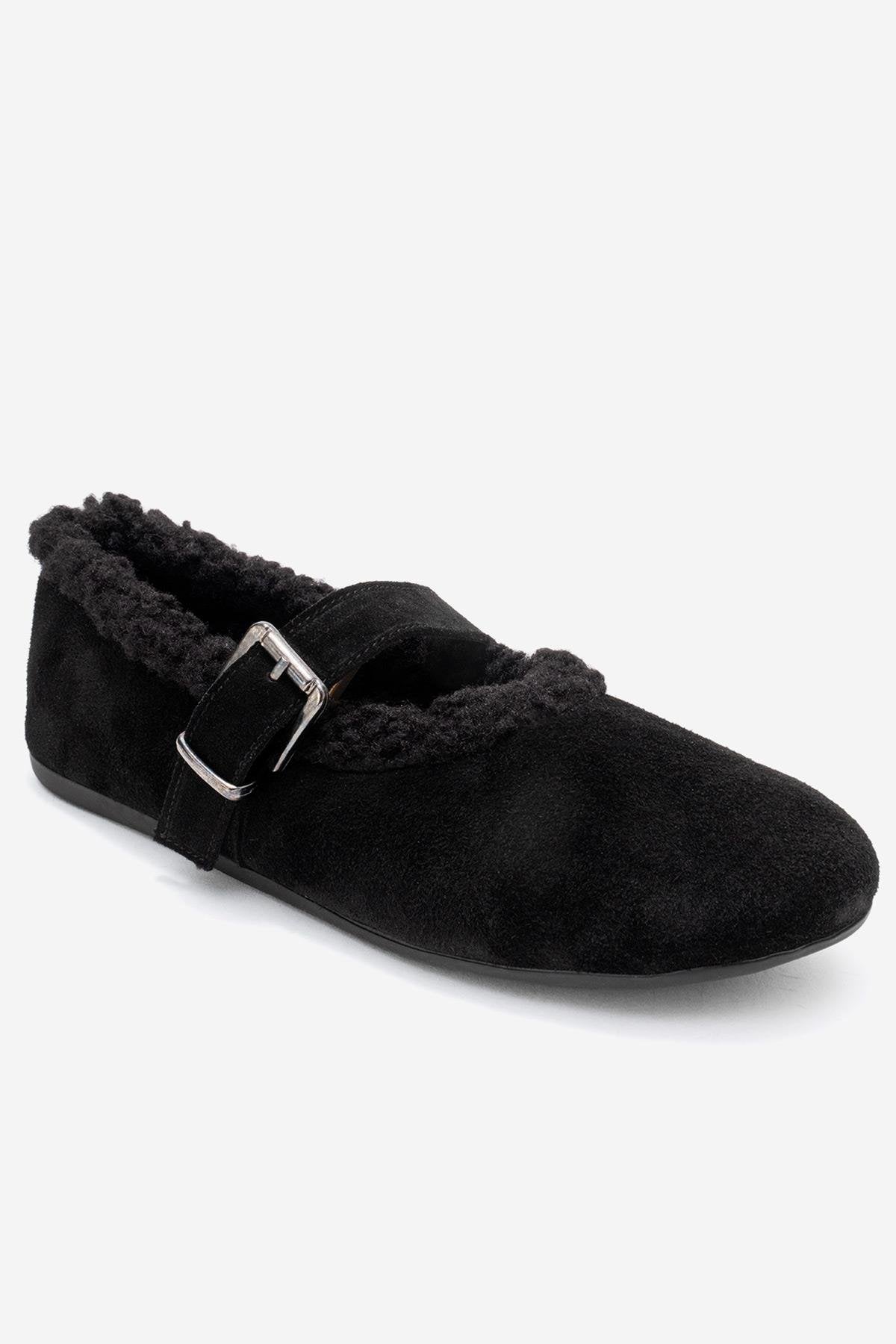 Guin - Sandalias planas de piel de ante negro (Mujer)