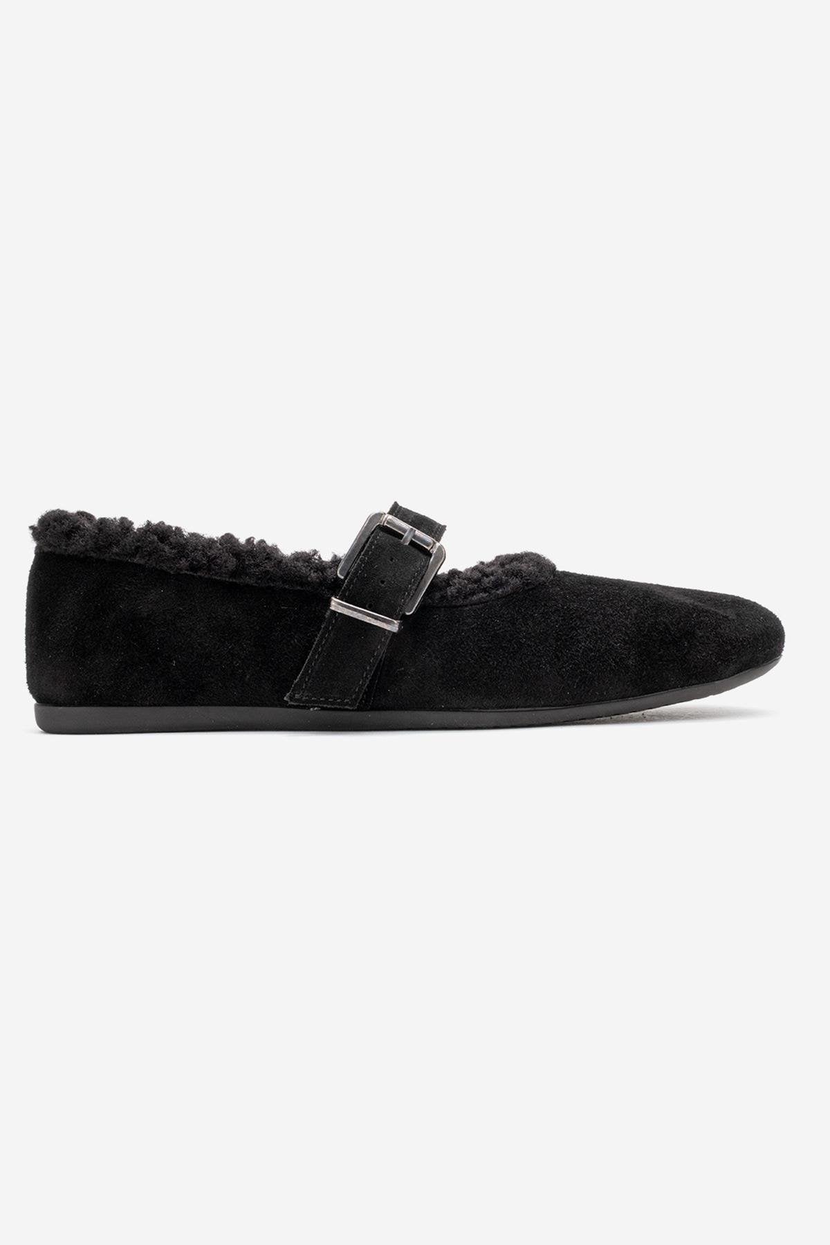 Guin - Sandalias planas de piel de ante negro (Mujer)