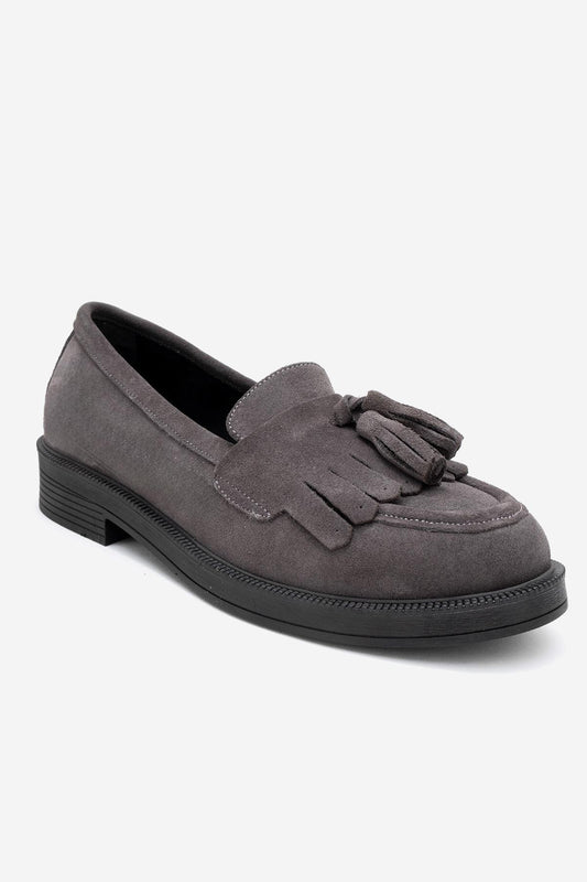 Milly - Mocasines de borlas de cuero de ante gris