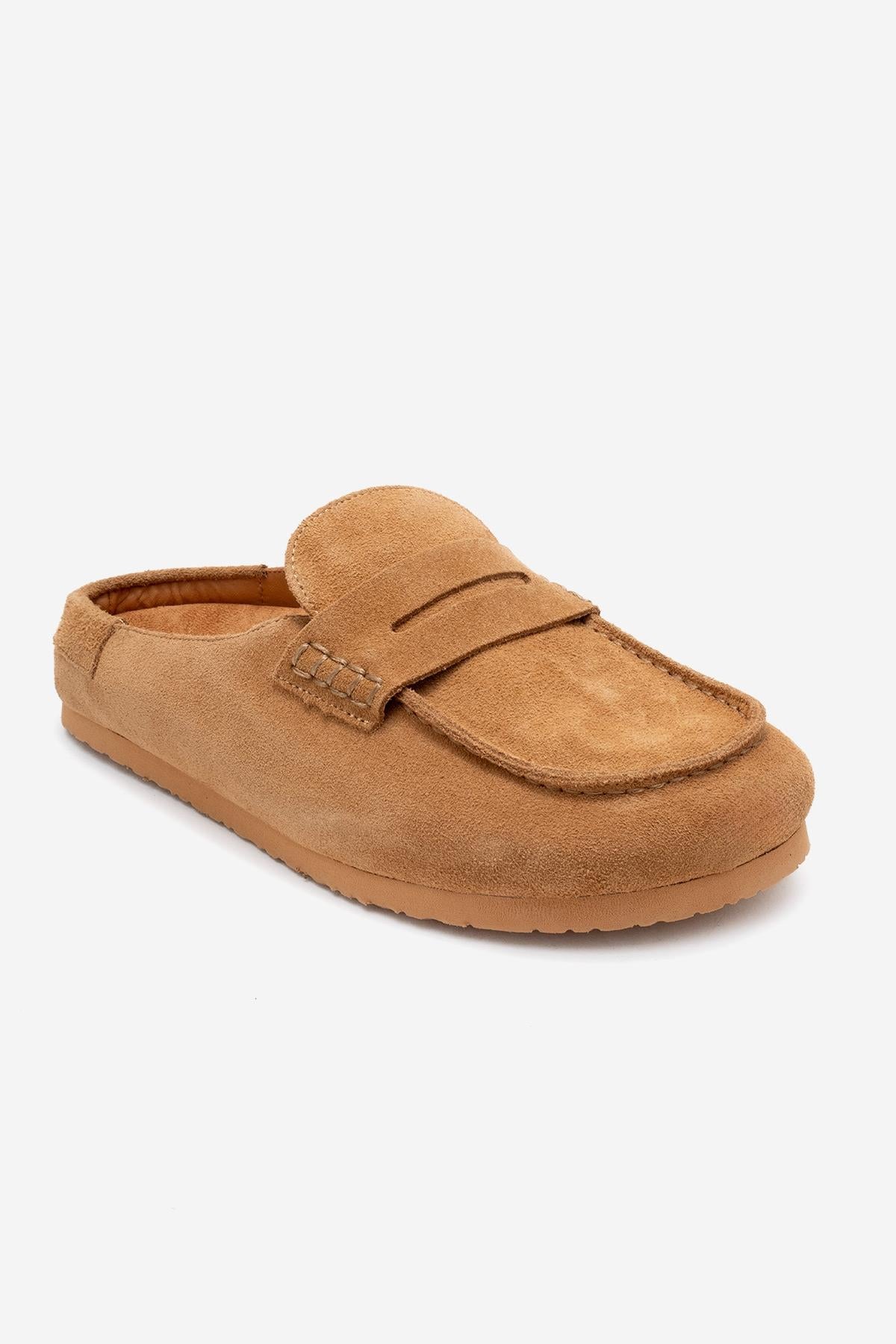 Priva - Mules sin cordones de cuero genuino de ante color topo (Mujer)