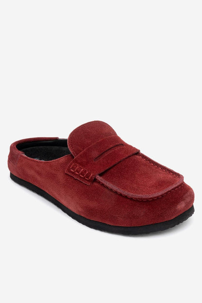 Priva - Mules sin cordones de cuero genuino de ante color burdeos (mujer)