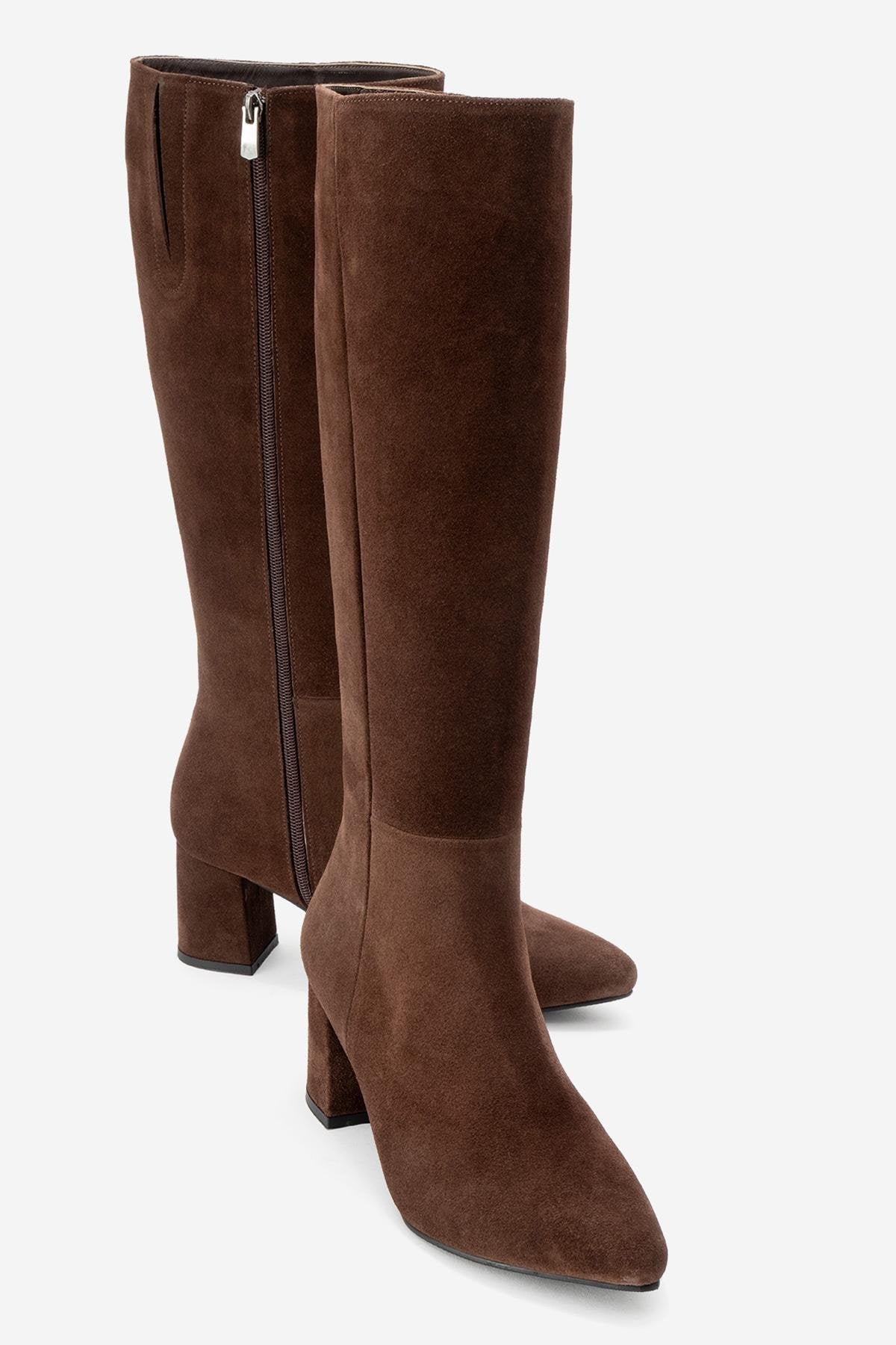 Sejas - Bota alta de tacón de bloque de cuero de gamuza marrón (Mujer)