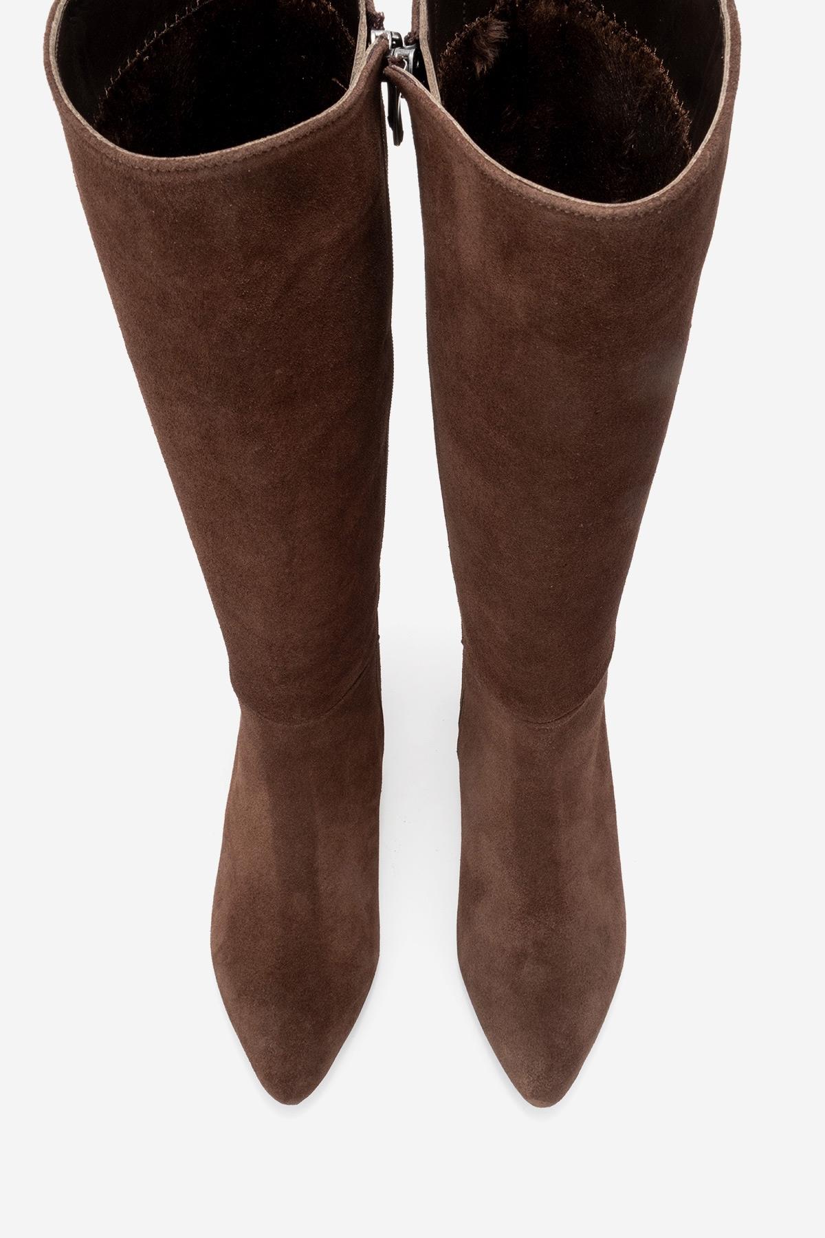 Sejas - Bota alta de tacón de bloque de cuero de gamuza marrón (Mujer)