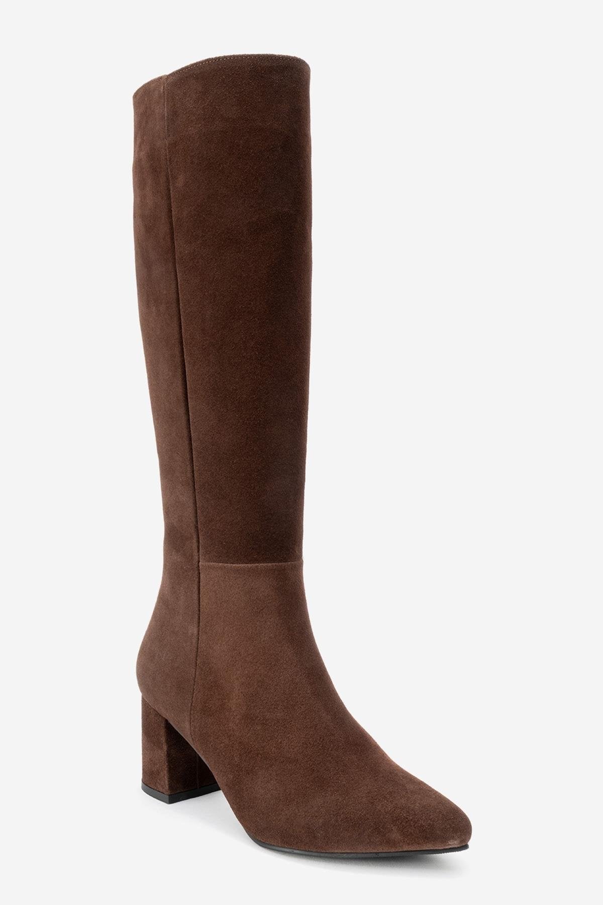 Sejas - Bota alta de tacón de bloque de cuero de gamuza marrón (Mujer)