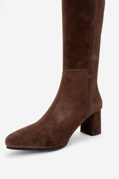 Sejas - Bota alta de tacón de bloque de cuero de gamuza marrón (Mujer)