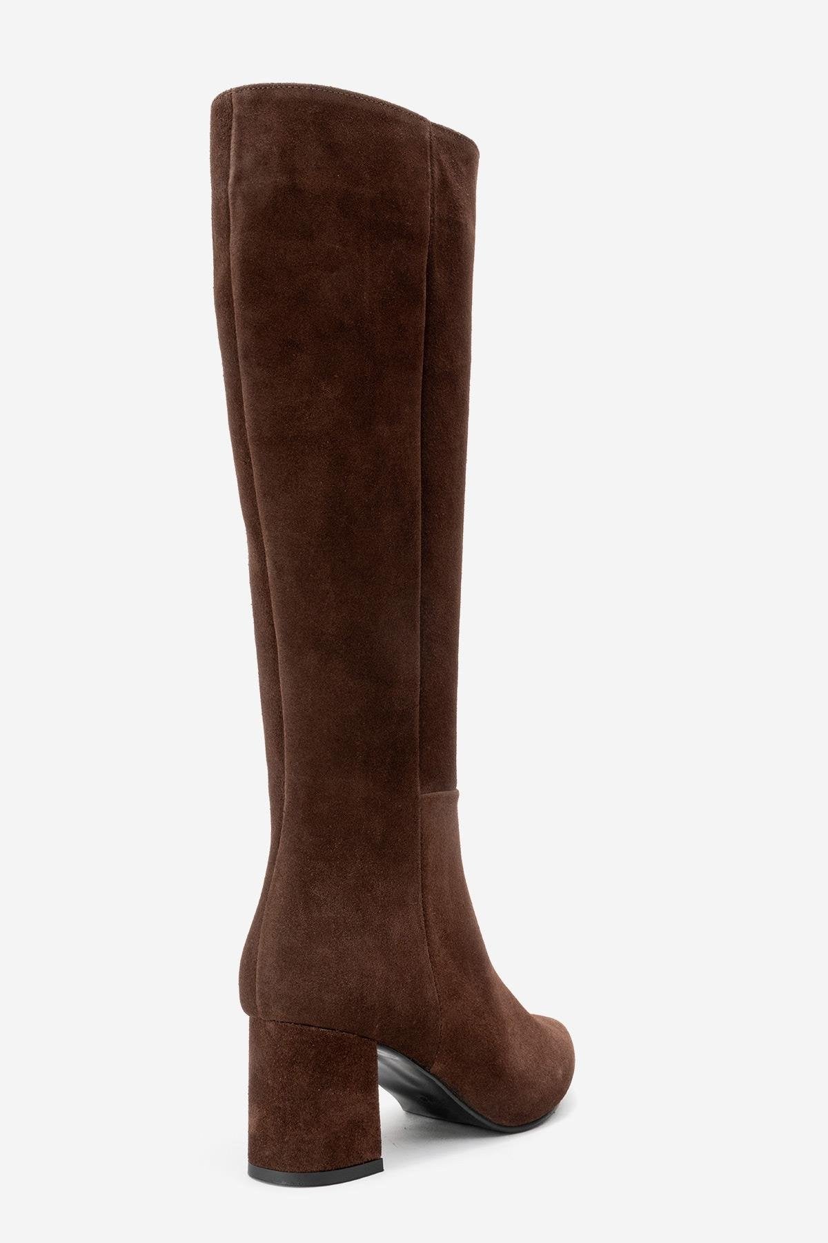 Sejas - Bota alta de tacón de bloque de cuero de gamuza marrón (Mujer)