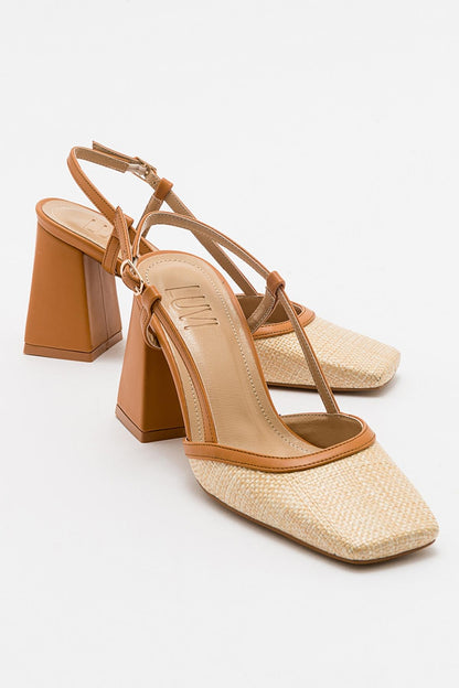 Rivie - Zapatos de tacón de bloque con punta cuadrada en rafia Cognac (Mujer)