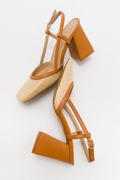 Rivie - Zapatos de tacón de bloque con punta cuadrada en rafia Cognac (Mujer)