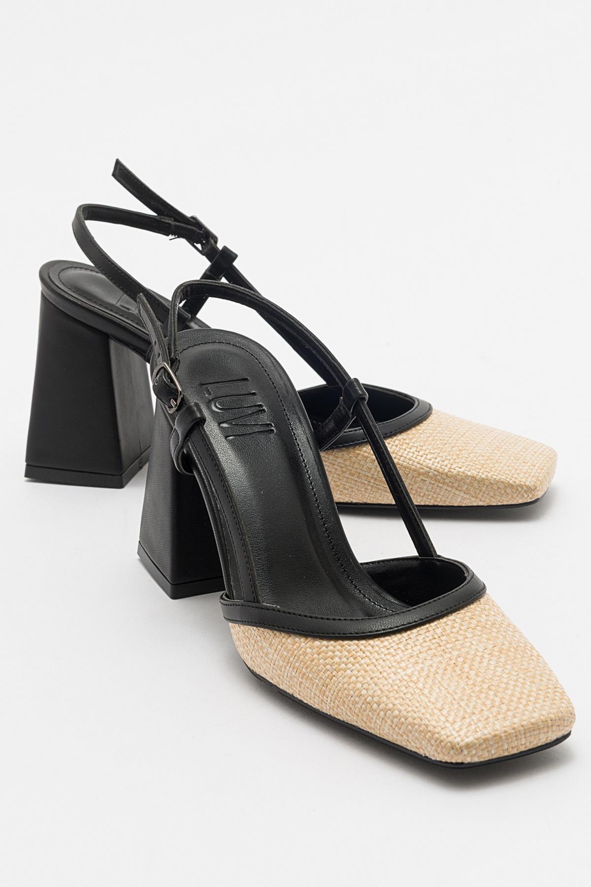 Rivie - Zapatos de tacón grueso con punta cuadrada de rafia negra (Mujer)