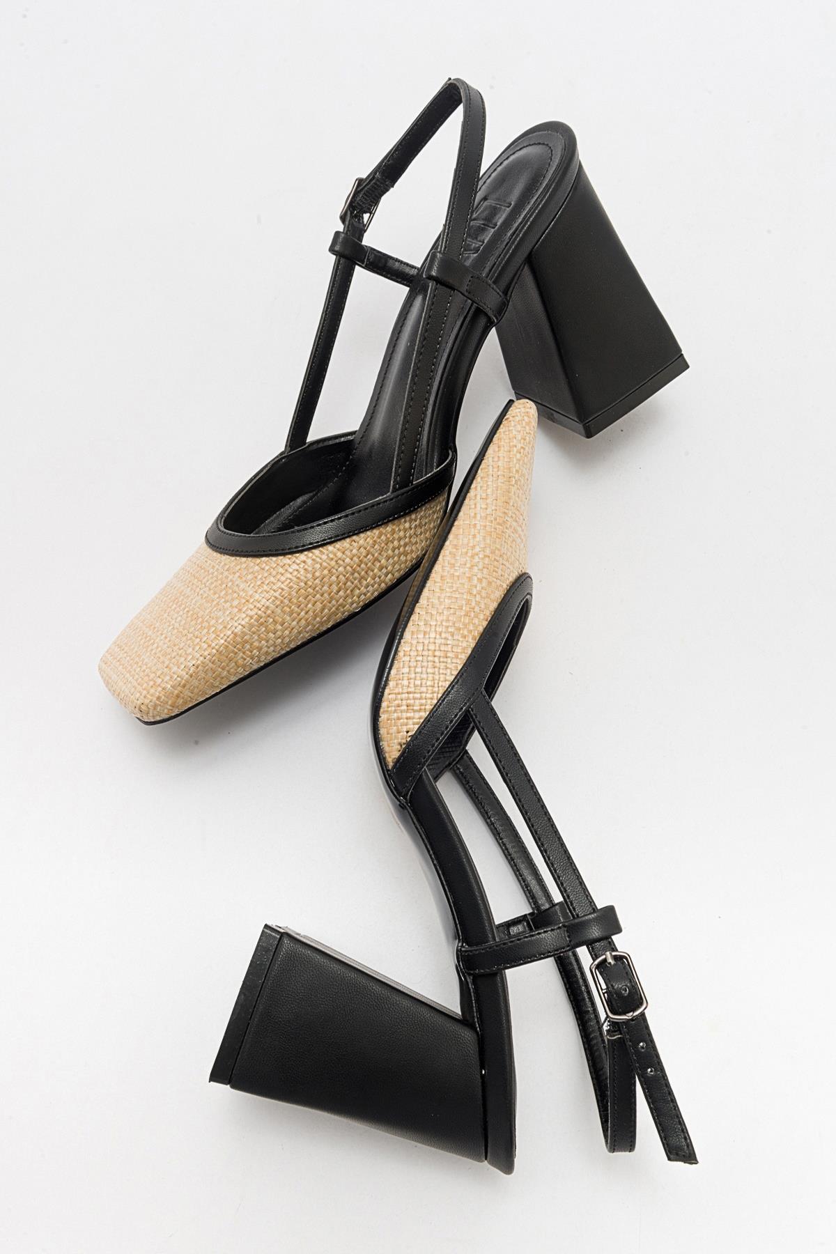 Rivie - Zapatos de tacón grueso con punta cuadrada de rafia negra (Mujer)