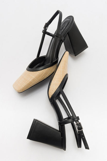 Rivie - Zapatos de tacón grueso con punta cuadrada de rafia negra (Mujer)