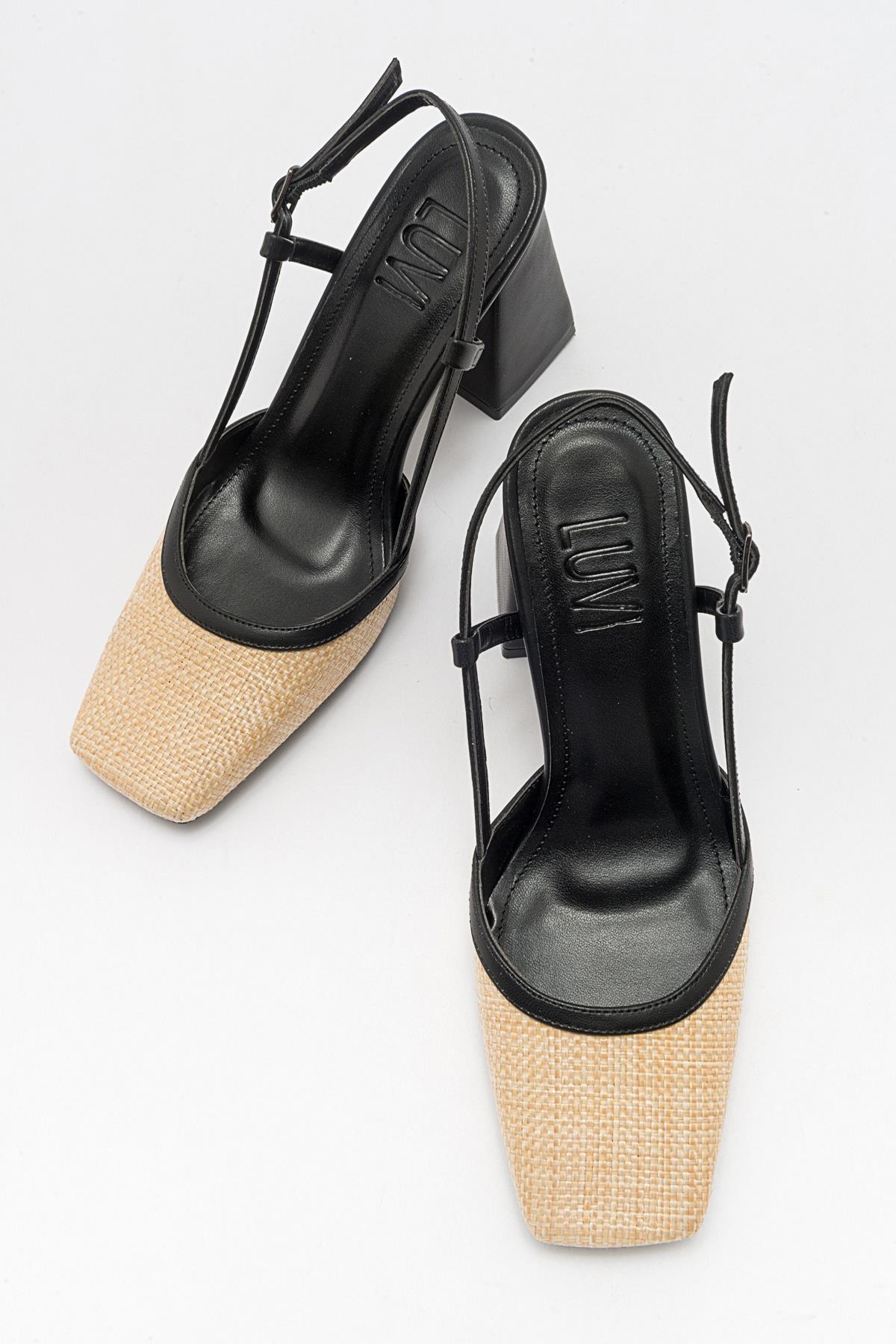 Rivie - Zapatos de tacón grueso con punta cuadrada de rafia negra (Mujer)
