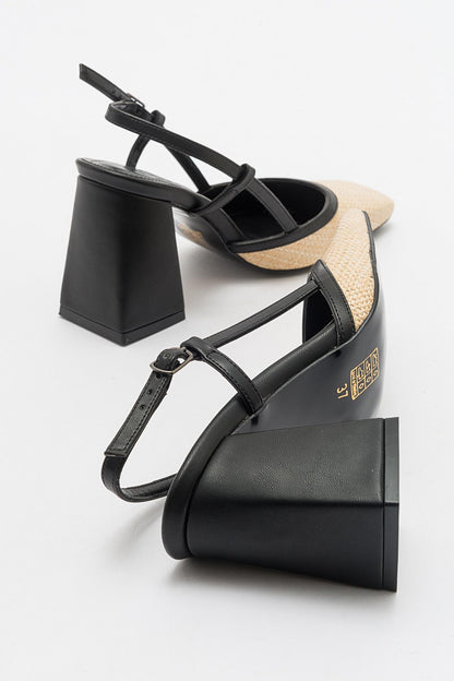 Rivie - Zapatos de tacón grueso con punta cuadrada de rafia negra (Mujer)