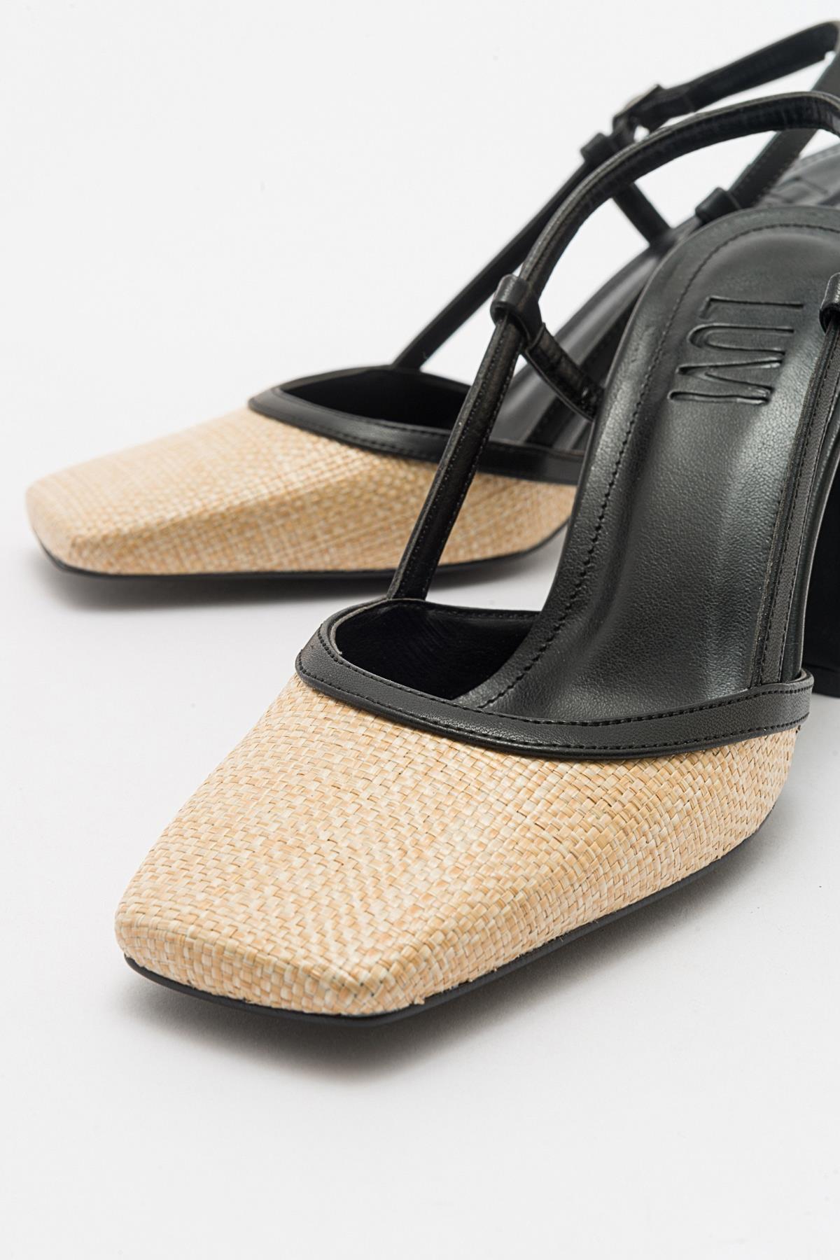 Rivie - Zapatos de tacón grueso con punta cuadrada de rafia negra (Mujer)