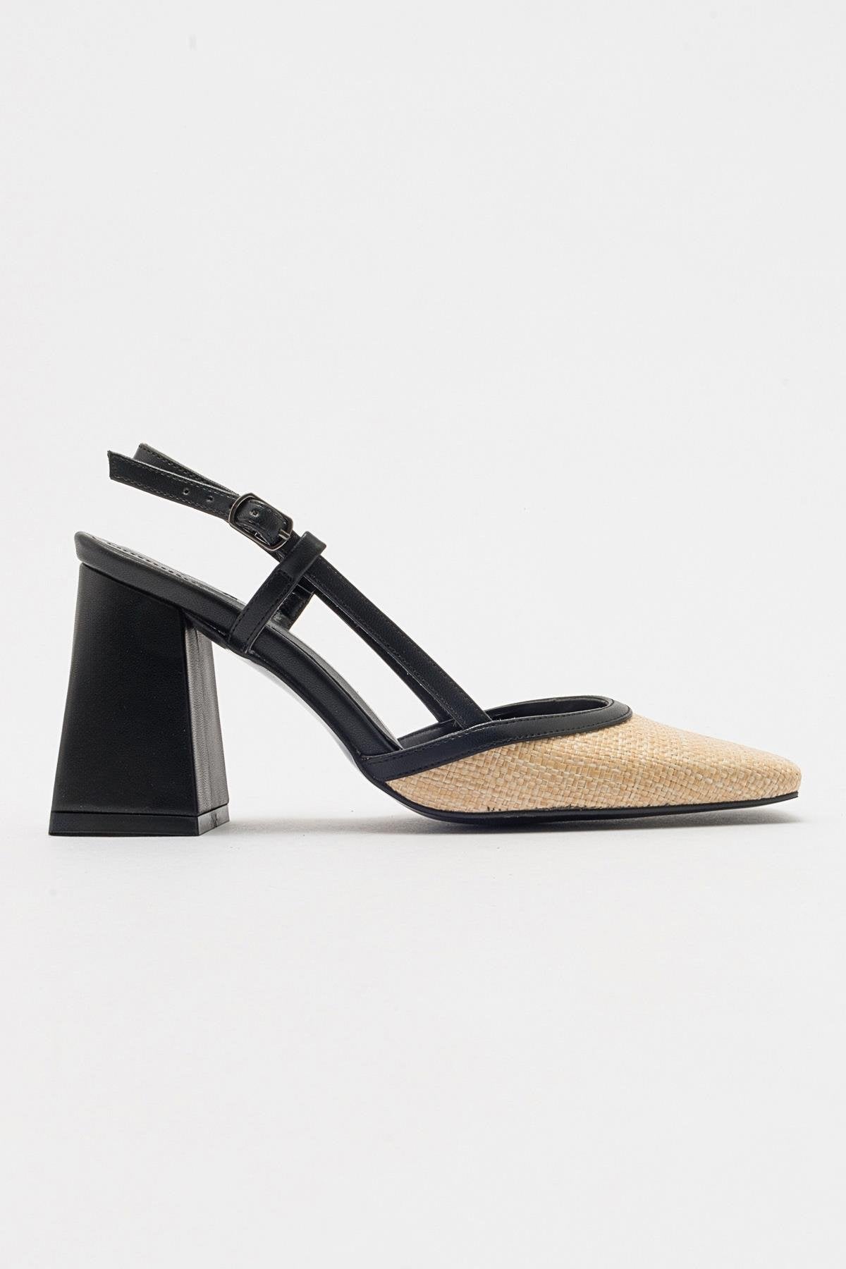 Rivie - Zapatos de tacón grueso con punta cuadrada de rafia negra (Mujer)