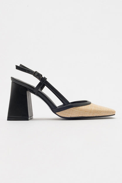 Rivie - Zapatos de tacón grueso con punta cuadrada de rafia negra (Mujer)