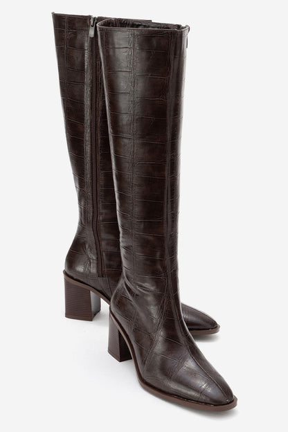 Venia - Bota de tacón con estampado de bloque marrón (mujer)