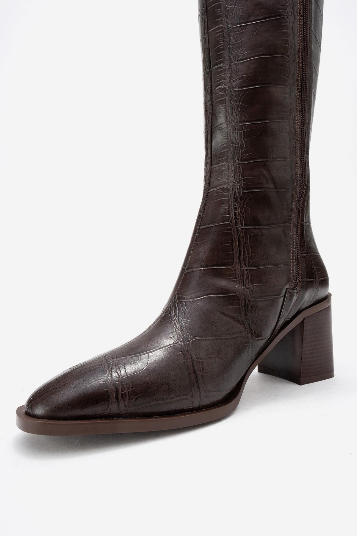 Venia - Bota de tacón con estampado de bloque marrón (mujer)