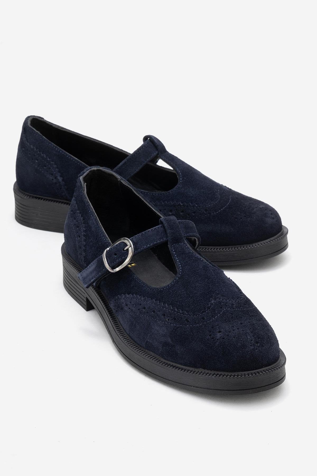 Janney - Mocasines de mujer con correa de piel de ante color azul marino