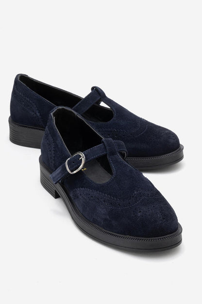 Janney - Mocasines de mujer con correa de piel de ante color azul marino