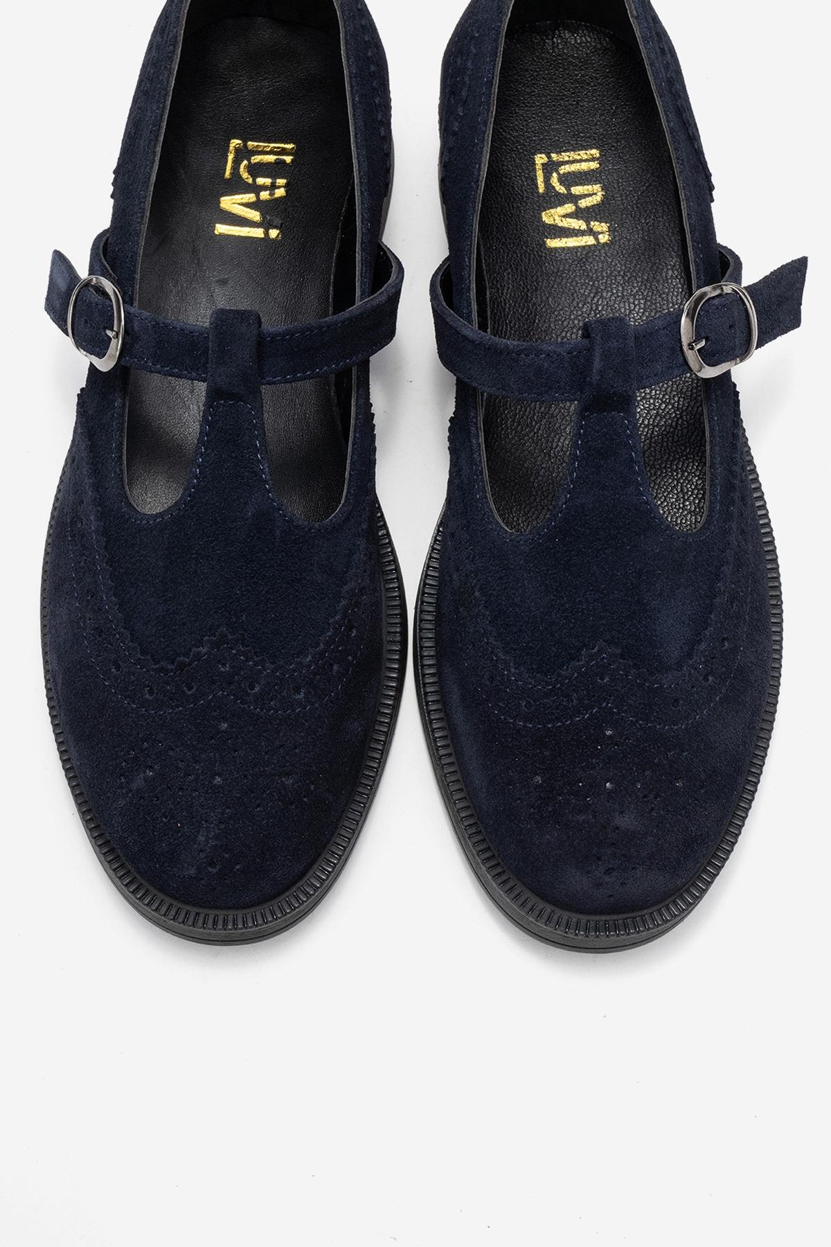 Janney - Mocasines de mujer con correa de piel de ante color azul marino