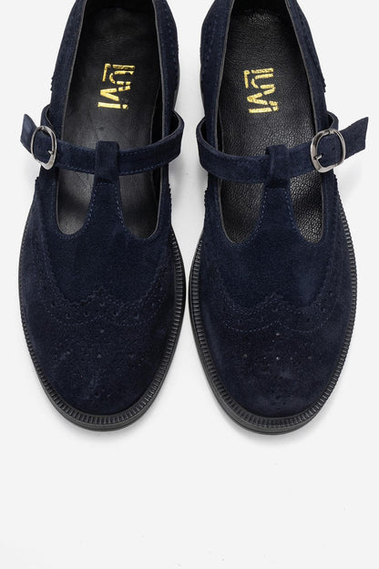 Janney - Mocasines de mujer con correa de piel de ante color azul marino
