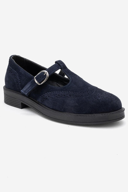 Janney - Mocasines de mujer con correa de piel de ante color azul marino