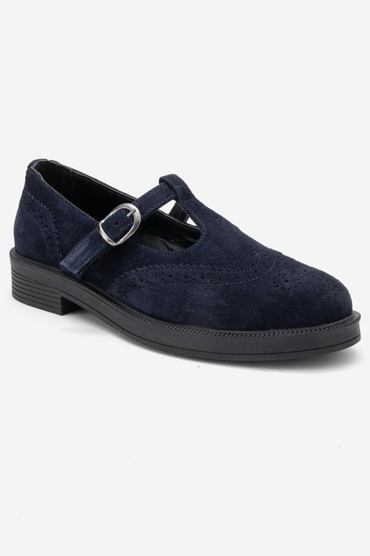 Janney - Navy Suede Leather Strap Loafers (Women)