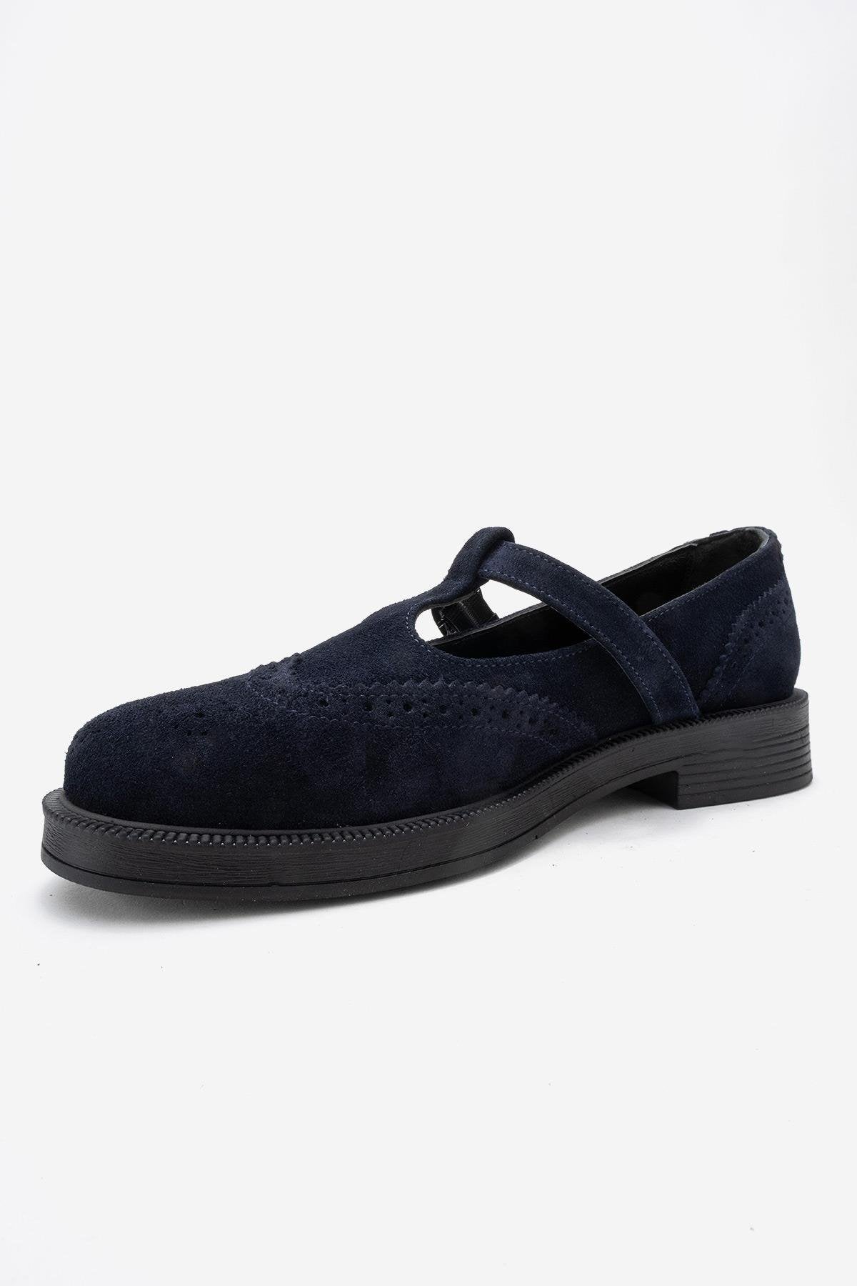 Janney - Mocasines de mujer con correa de piel de ante color azul marino