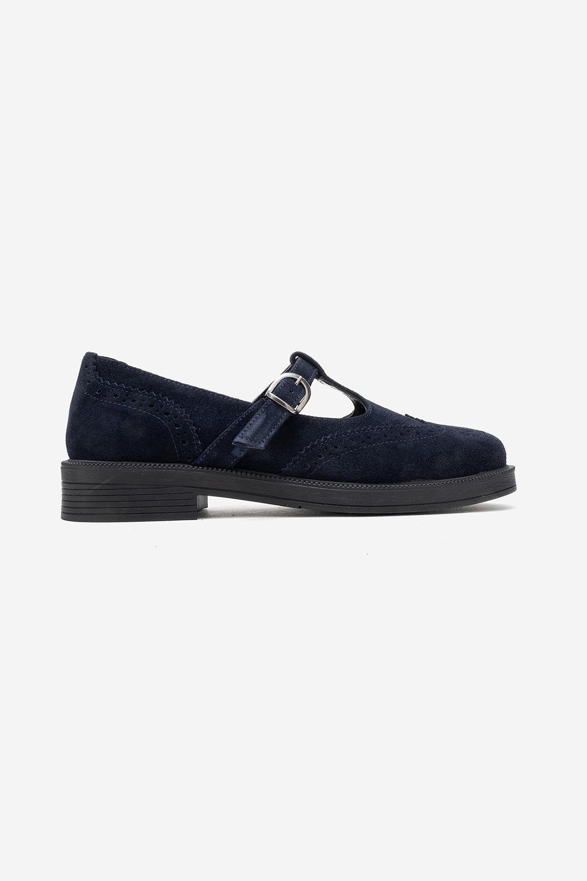 Janney - Mocasines de mujer con correa de piel de ante color azul marino