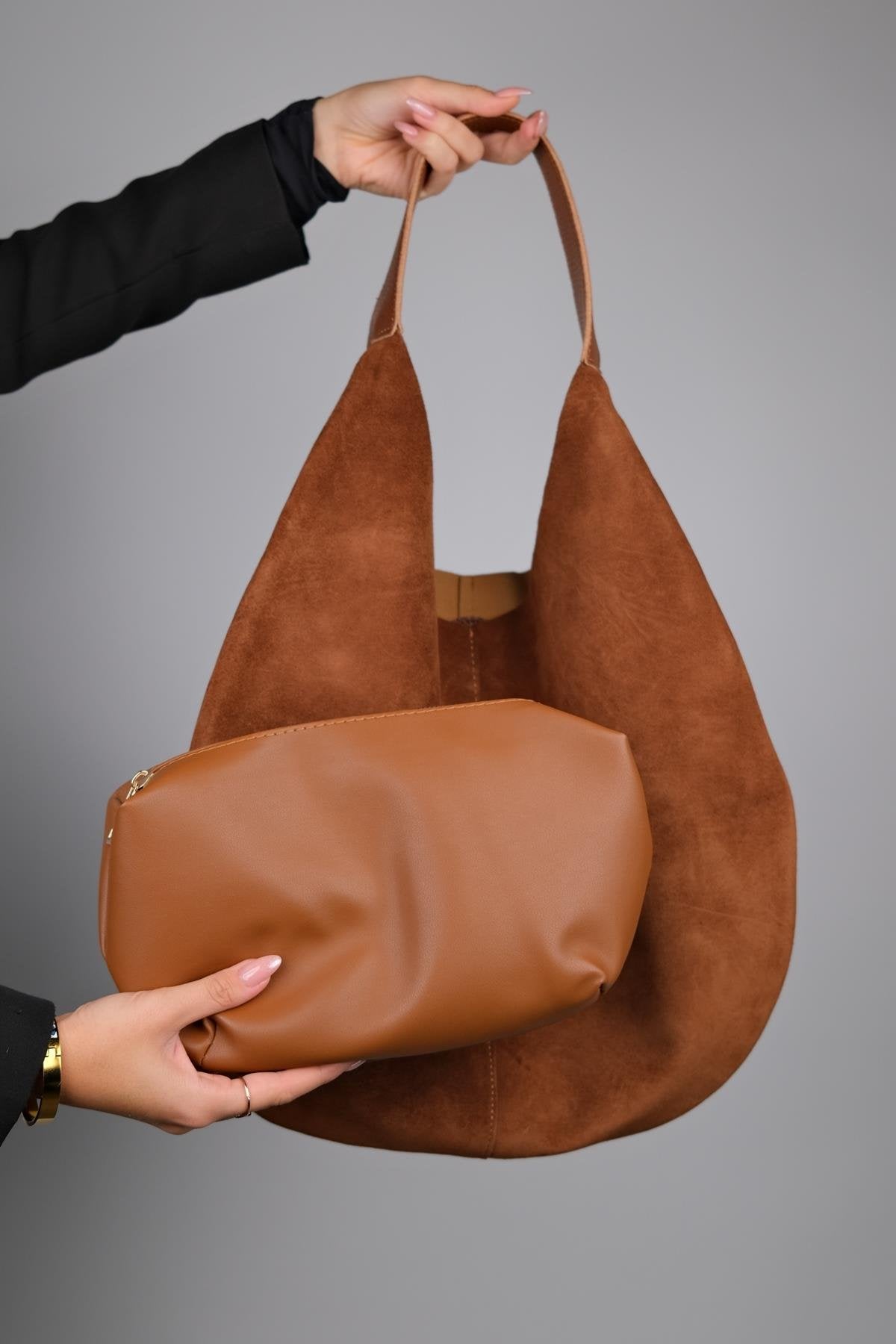 PUJA - Bolso de hombro de piel de ante color coñac (Mujer)