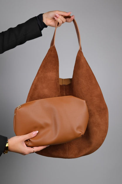 PUJA - Bolso de hombro de piel de ante color coñac (Mujer)