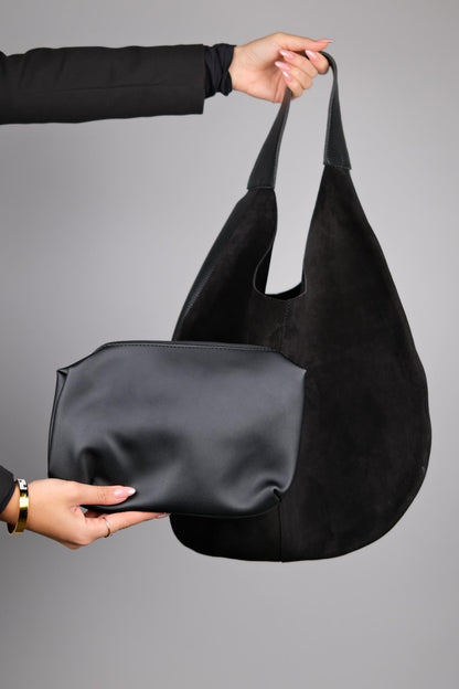 PUJA - Bolso de Hombro de Ante Negro (Mujer)