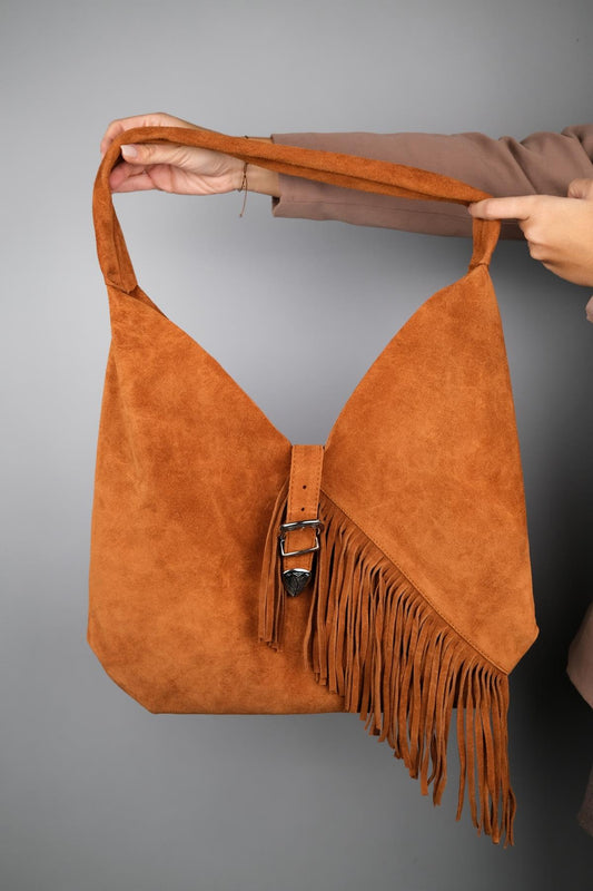 Rosalin - Bolso de hombro de ante color coñac con borlas (mujer)