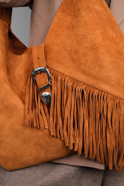 Rosalin - Bolso de hombro de ante color coñac con borlas (mujer)