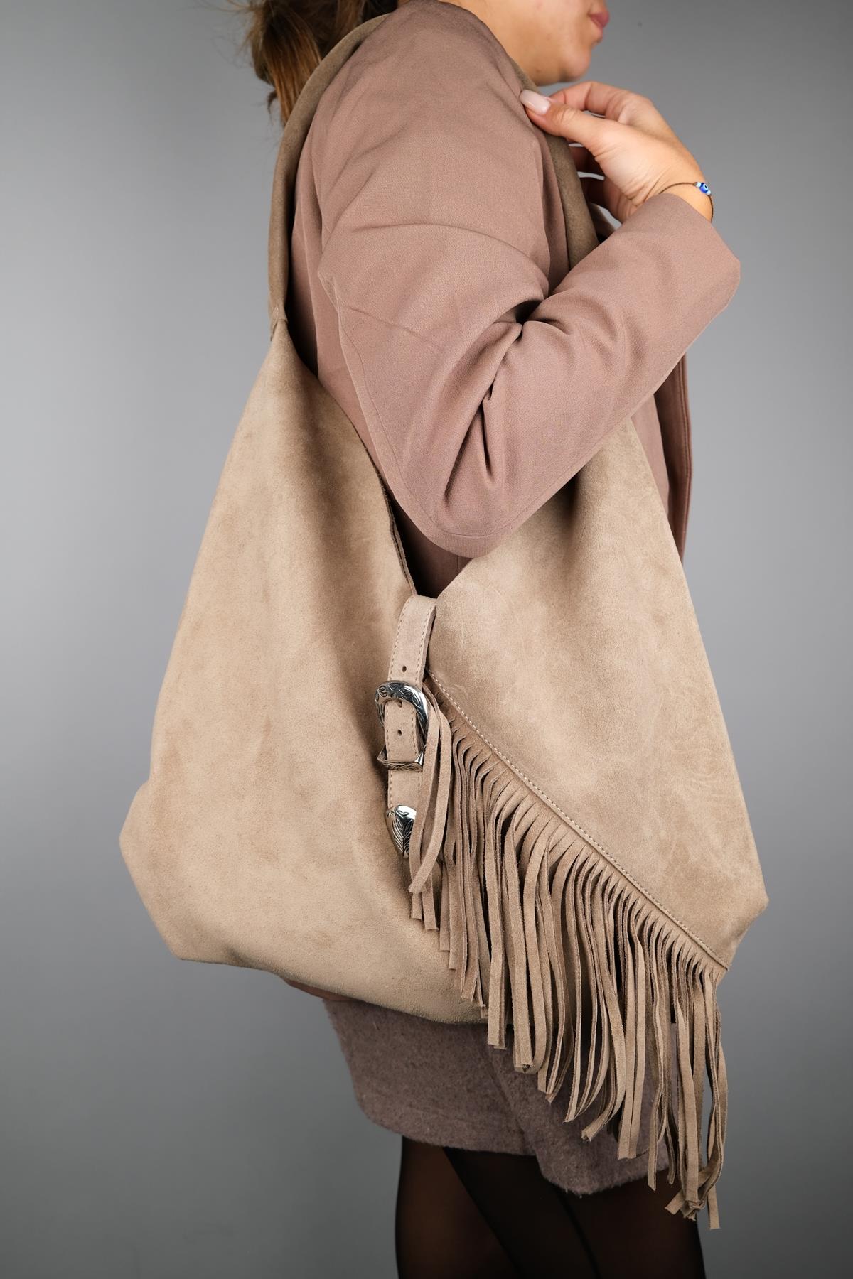 Rosalin - Bolso de hombro de ante beige con borlas (mujer)