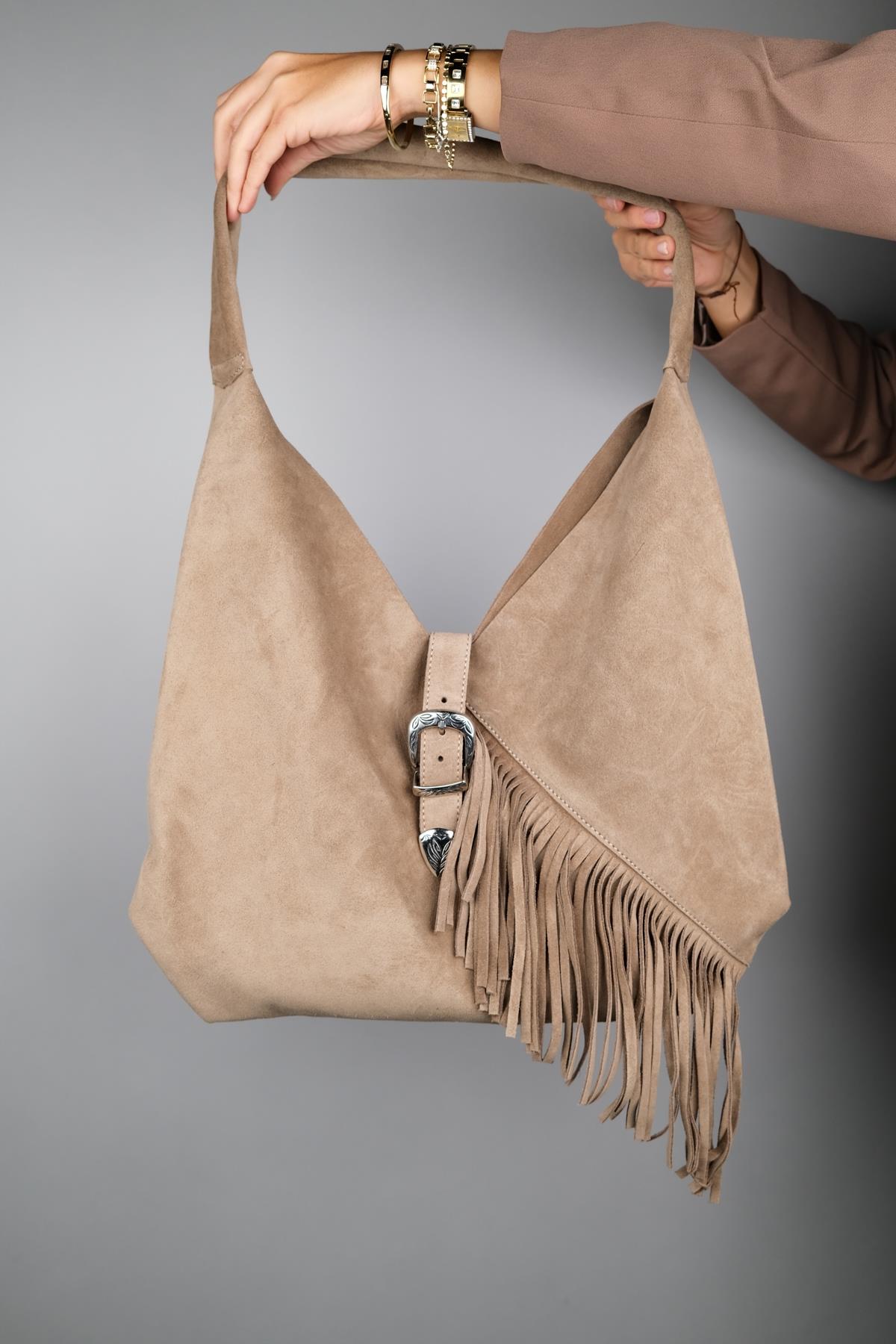 Rosalin - Bolso de hombro de ante beige con borlas (mujer)