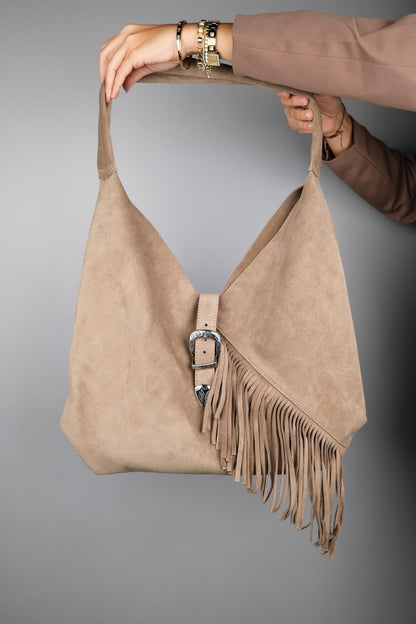 Rosalin - Bolso de hombro de ante beige con borlas (mujer)