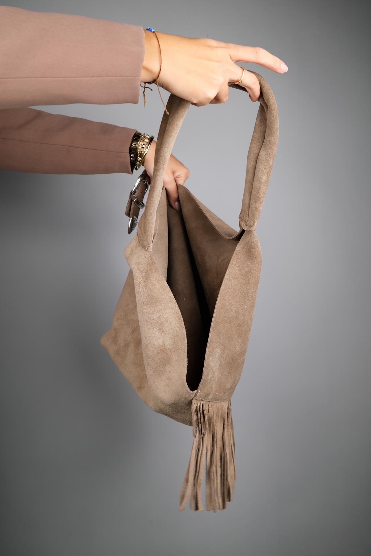 Rosalin - Bolso de hombro de ante beige con borlas (mujer)