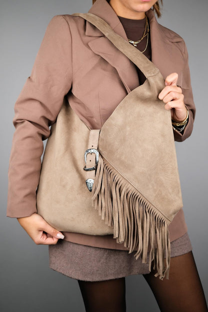 Rosalin - Bolso de hombro de ante beige con borlas (mujer)