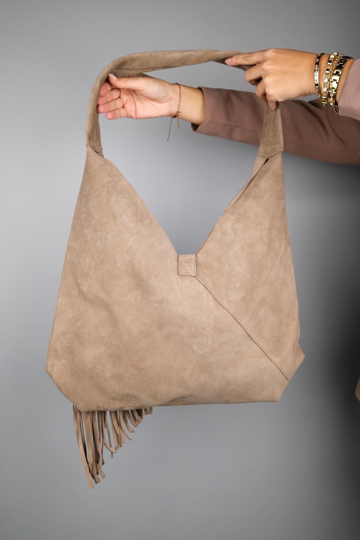 Rosalin - Bolso de hombro de ante beige con borlas (mujer)