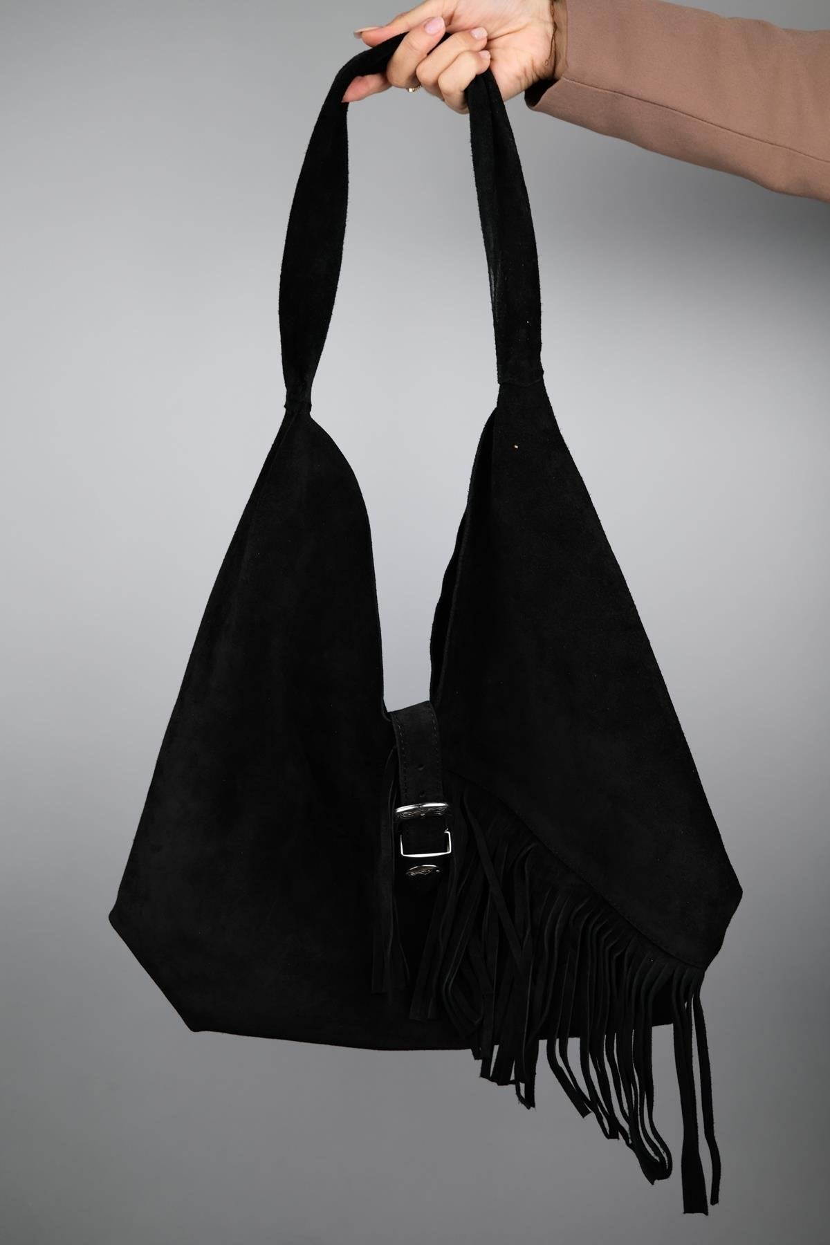Rosalin - Bolso de hombro de ante negro con borla (mujer)