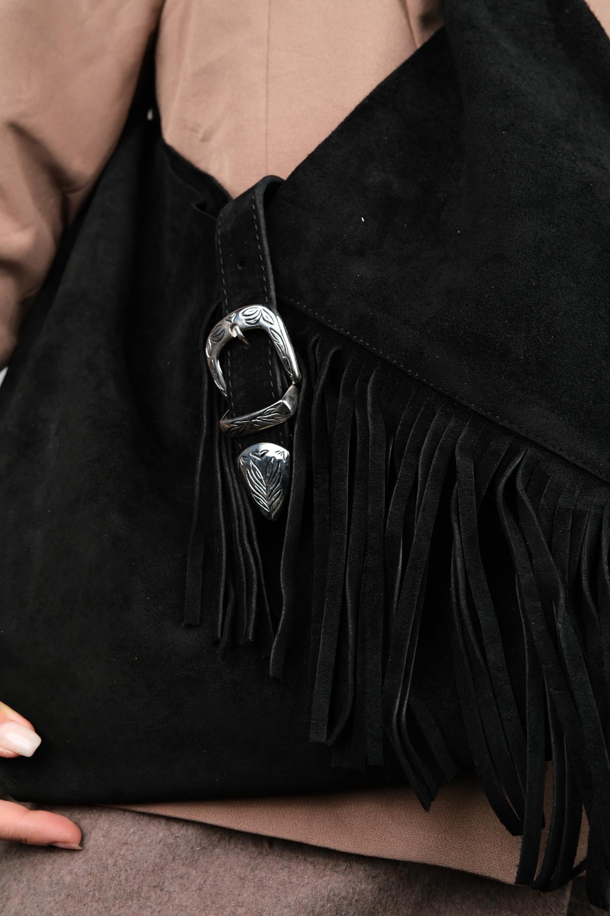 Rosalin - Bolso de hombro de ante negro con borla (mujer)