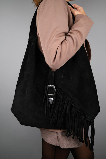 Rosalin - Bolso de hombro de ante negro con borla (mujer)