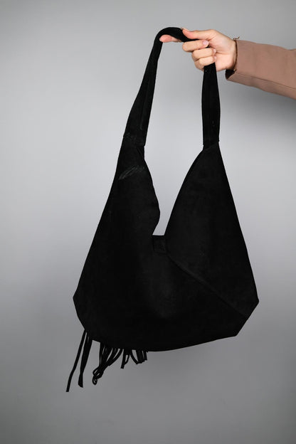 Rosalin - Bolso de hombro de ante negro con borla (mujer)