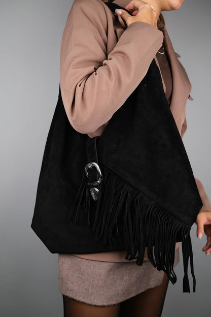Rosalin - Bolso de hombro de ante negro con borla (mujer)