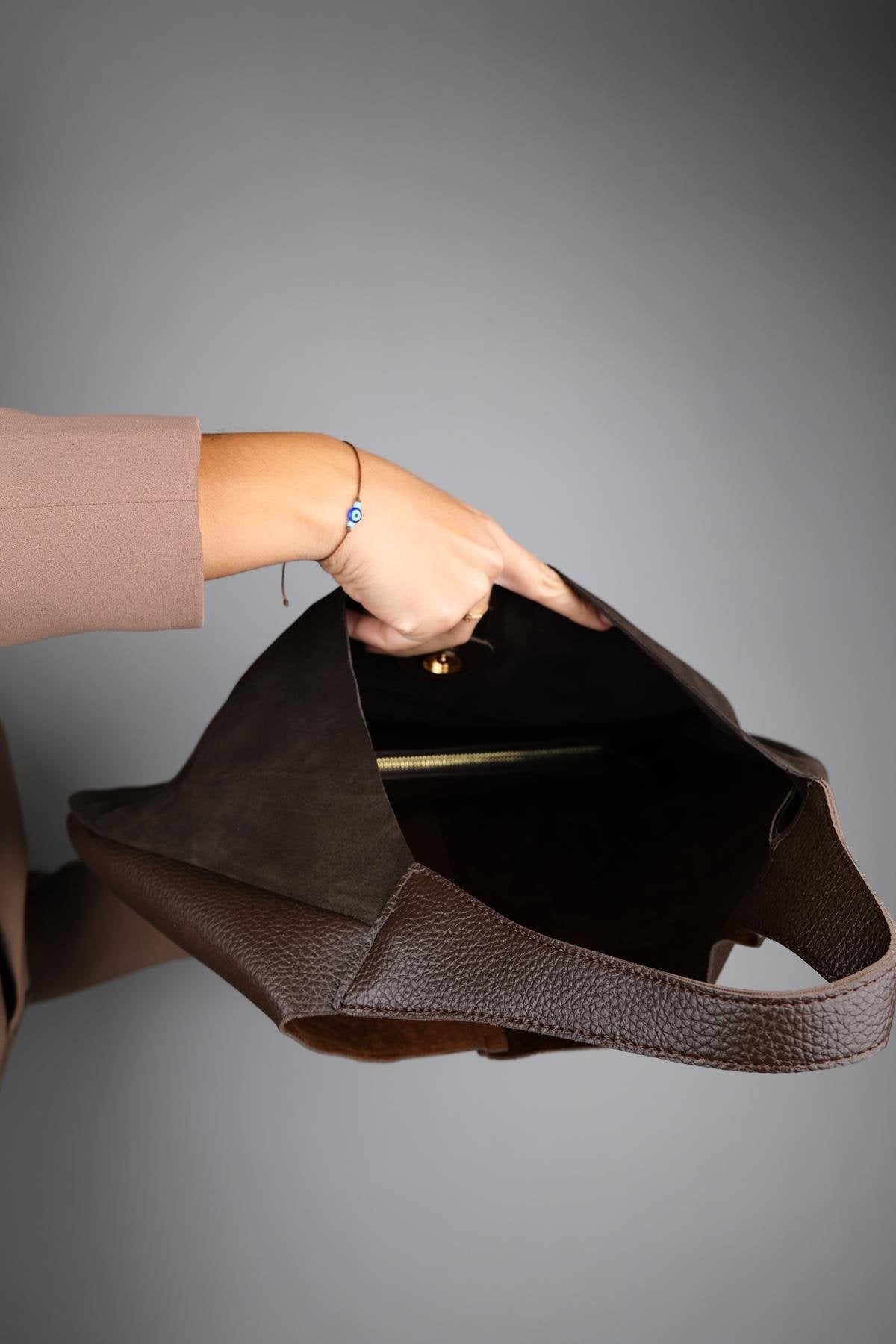 PUJA - Bolso de Hombro de Cuero Genuino Marrón (Mujer)